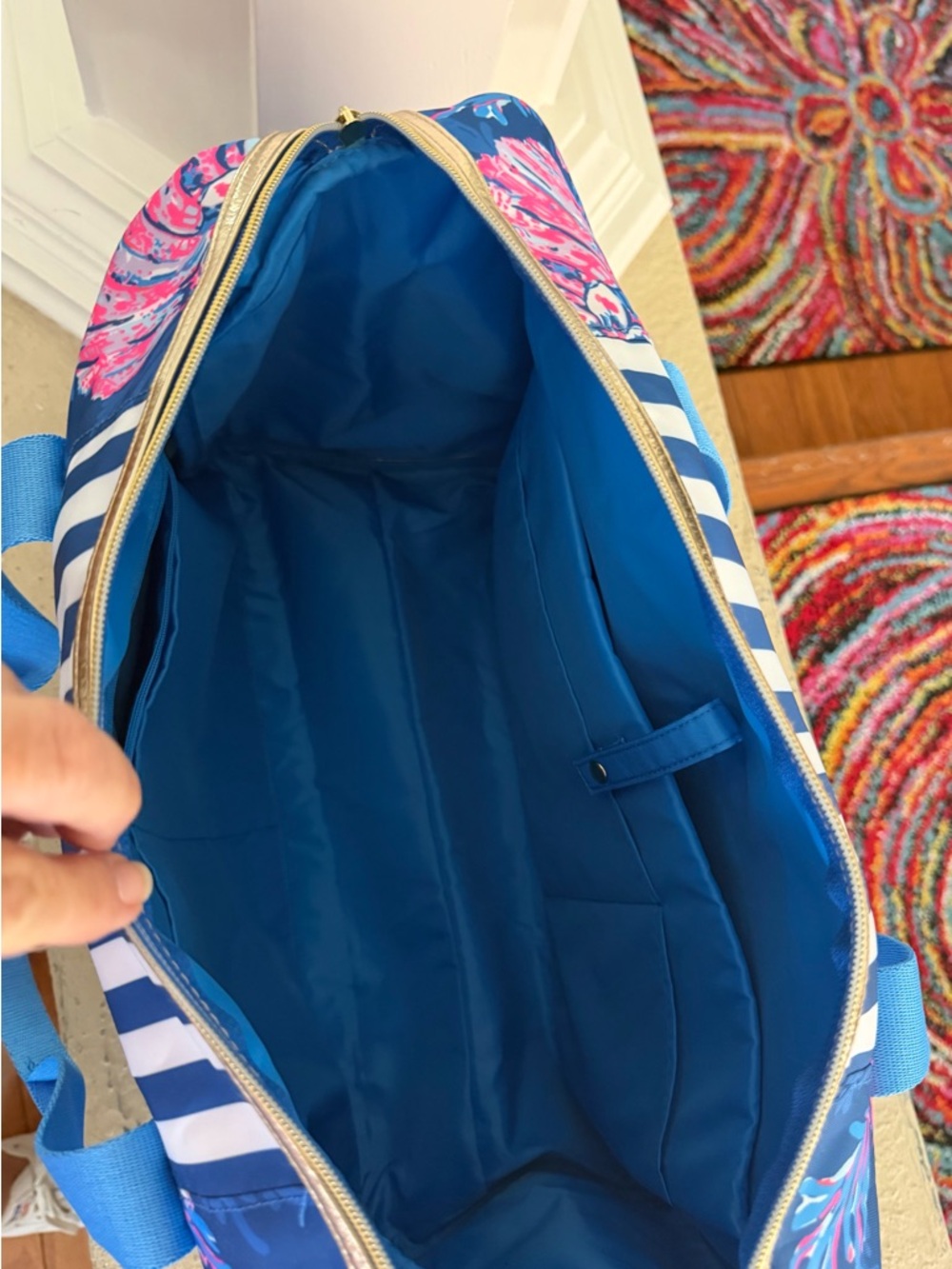 Lilly Pulitzer Blue Floral Stripe Tote with Pink Accents_NWOT_Never used - Picture 3 of 5